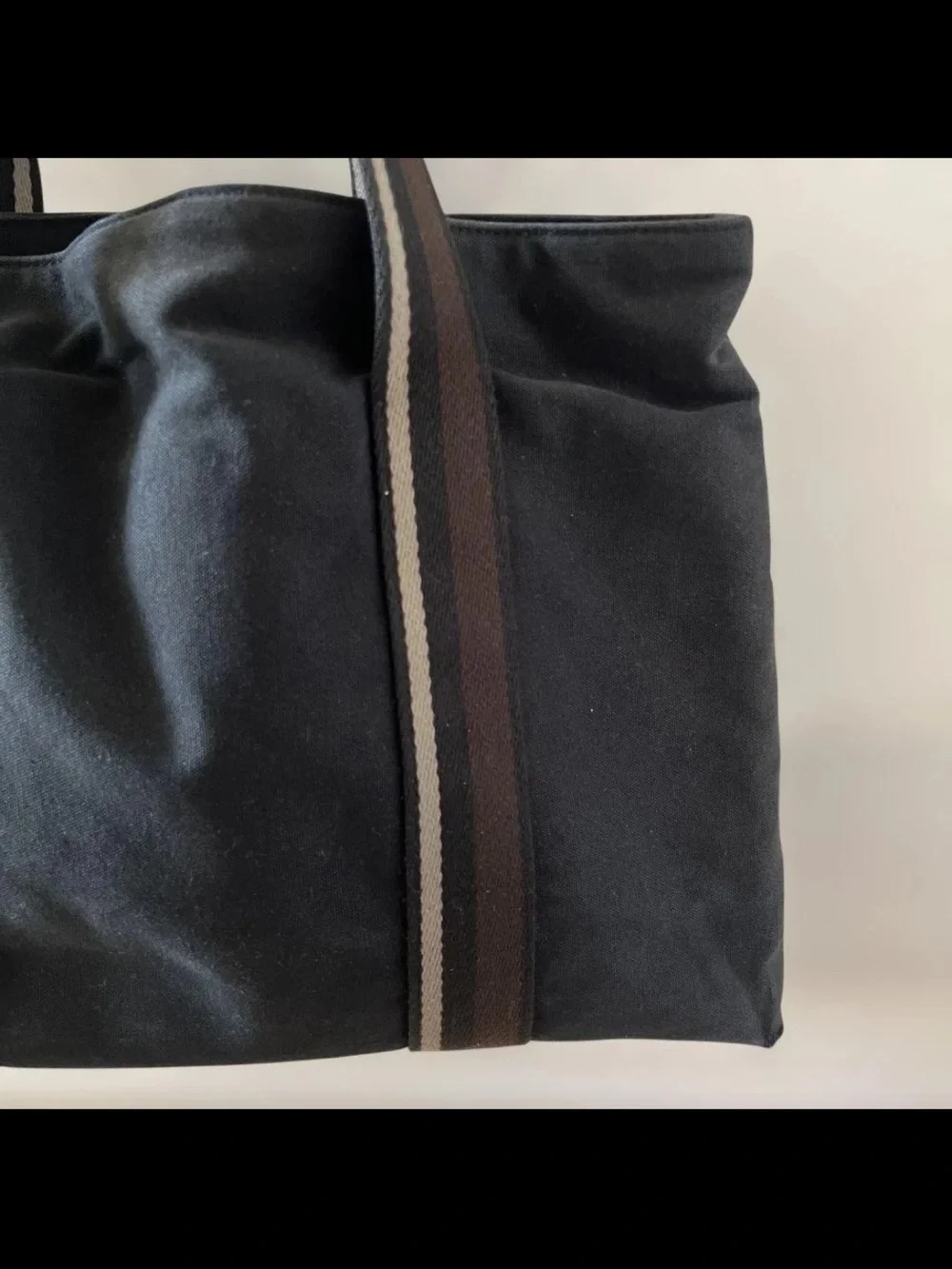 Hermes Black Canvas Tote with Brown and Gray Striped Straps